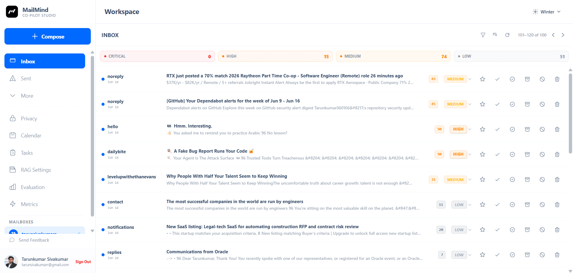 MailMind inbox with AI triage scores on every email